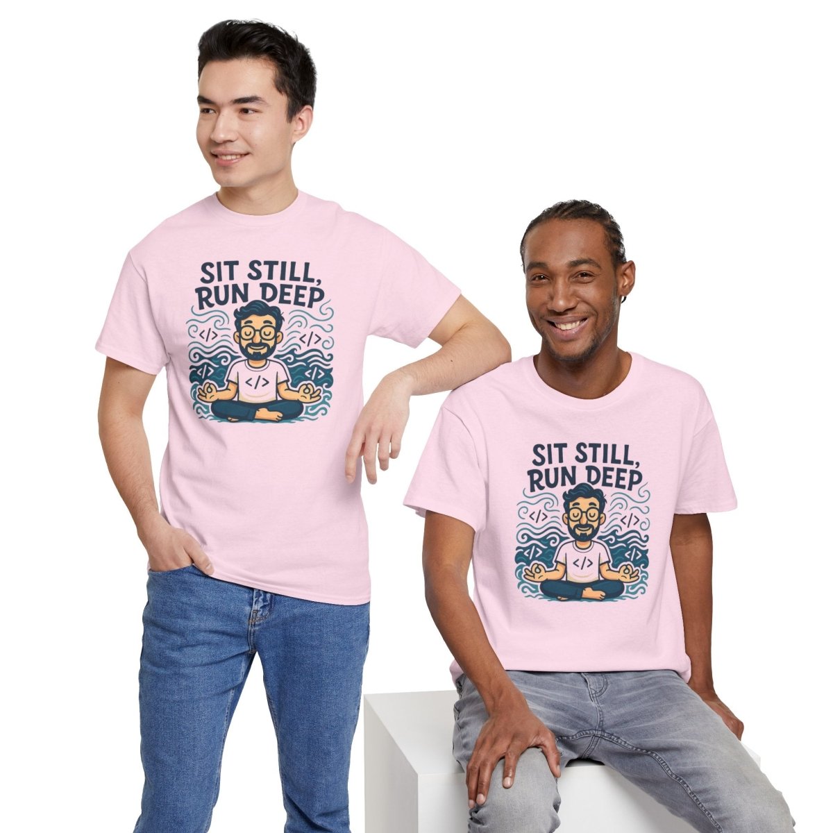 "Sit Still, Run Deep" Meditation Graphic Tee, Unisex Heavy Cotton Shirt, Yoga Gift, Mindfulness Apparel, Relaxation Wear - MINDSet Collection - AI Tee Hero