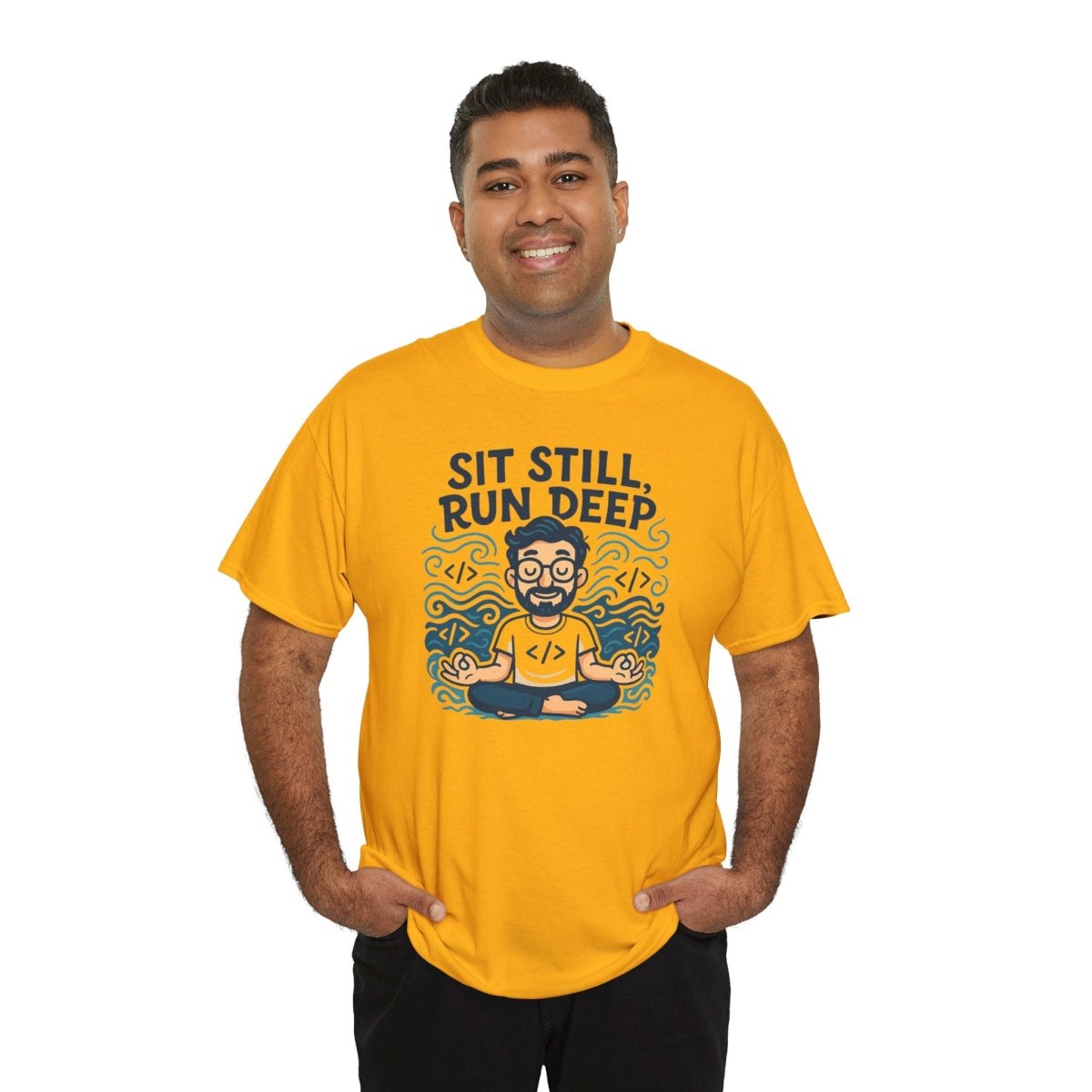 "Sit Still, Run Deep" Meditation Graphic Tee, Unisex Heavy Cotton Shirt, Yoga Gift, Mindfulness Apparel, Relaxation Wear - MINDSet Collection - AI Tee Hero