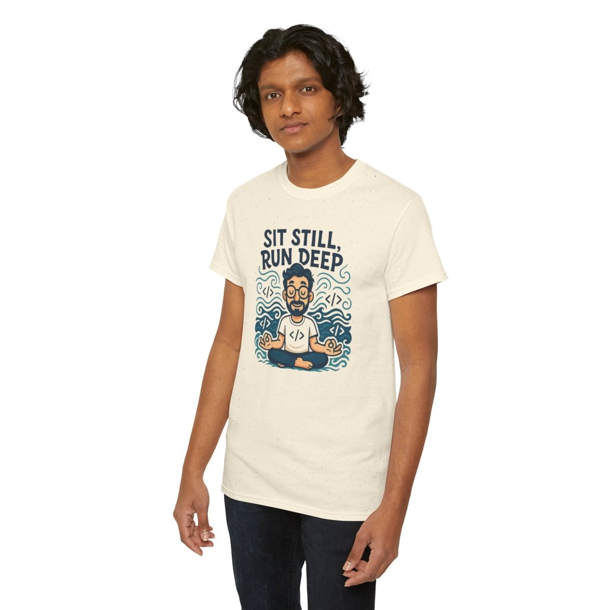 "Sit Still, Run Deep" Meditation Graphic Tee, Unisex Heavy Cotton Shirt, Yoga Gift, Mindfulness Apparel, Relaxation Wear - MINDSet Collection - AI Tee Hero