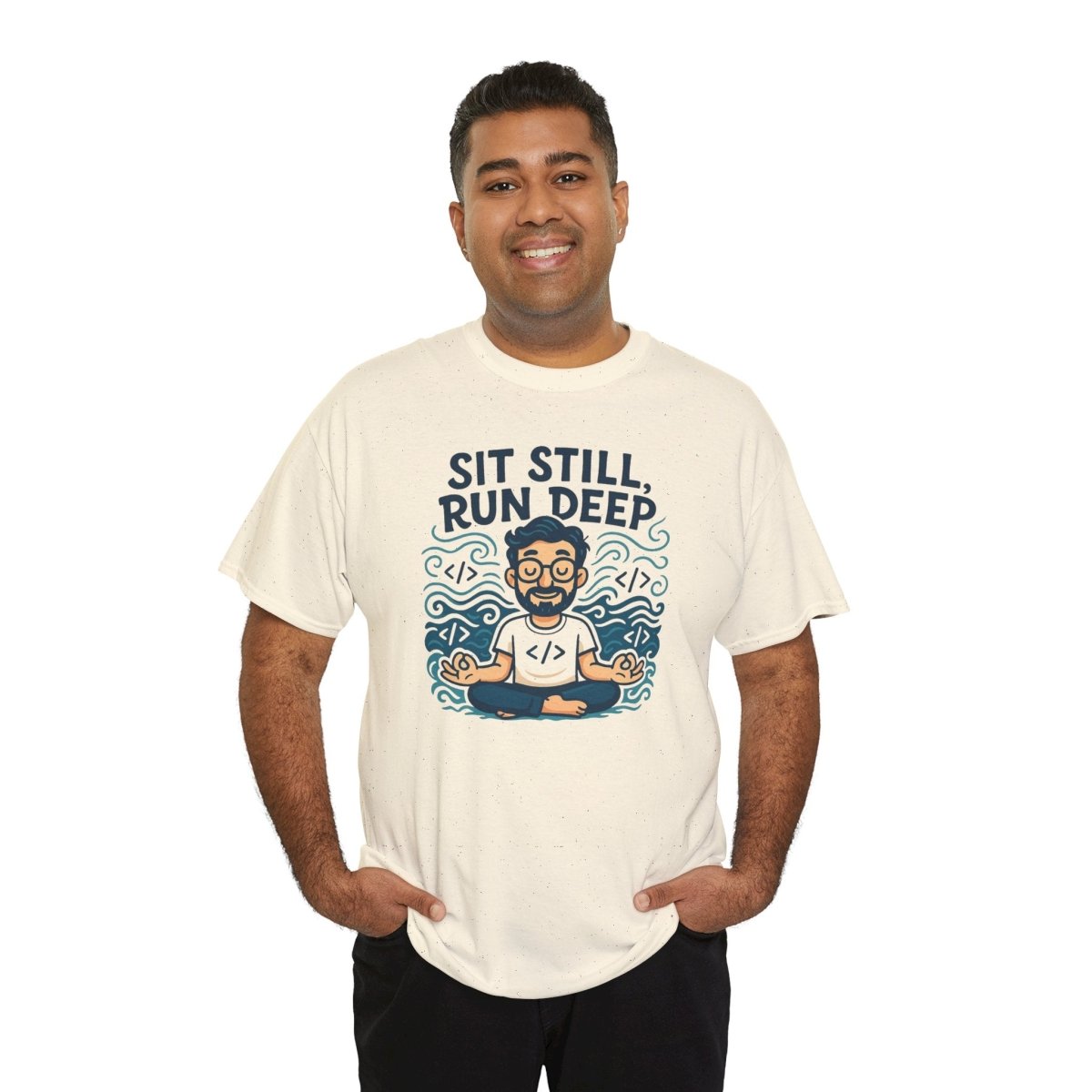 "Sit Still, Run Deep" Meditation Graphic Tee, Unisex Heavy Cotton Shirt, Yoga Gift, Mindfulness Apparel, Relaxation Wear - MINDSet Collection - AI Tee Hero