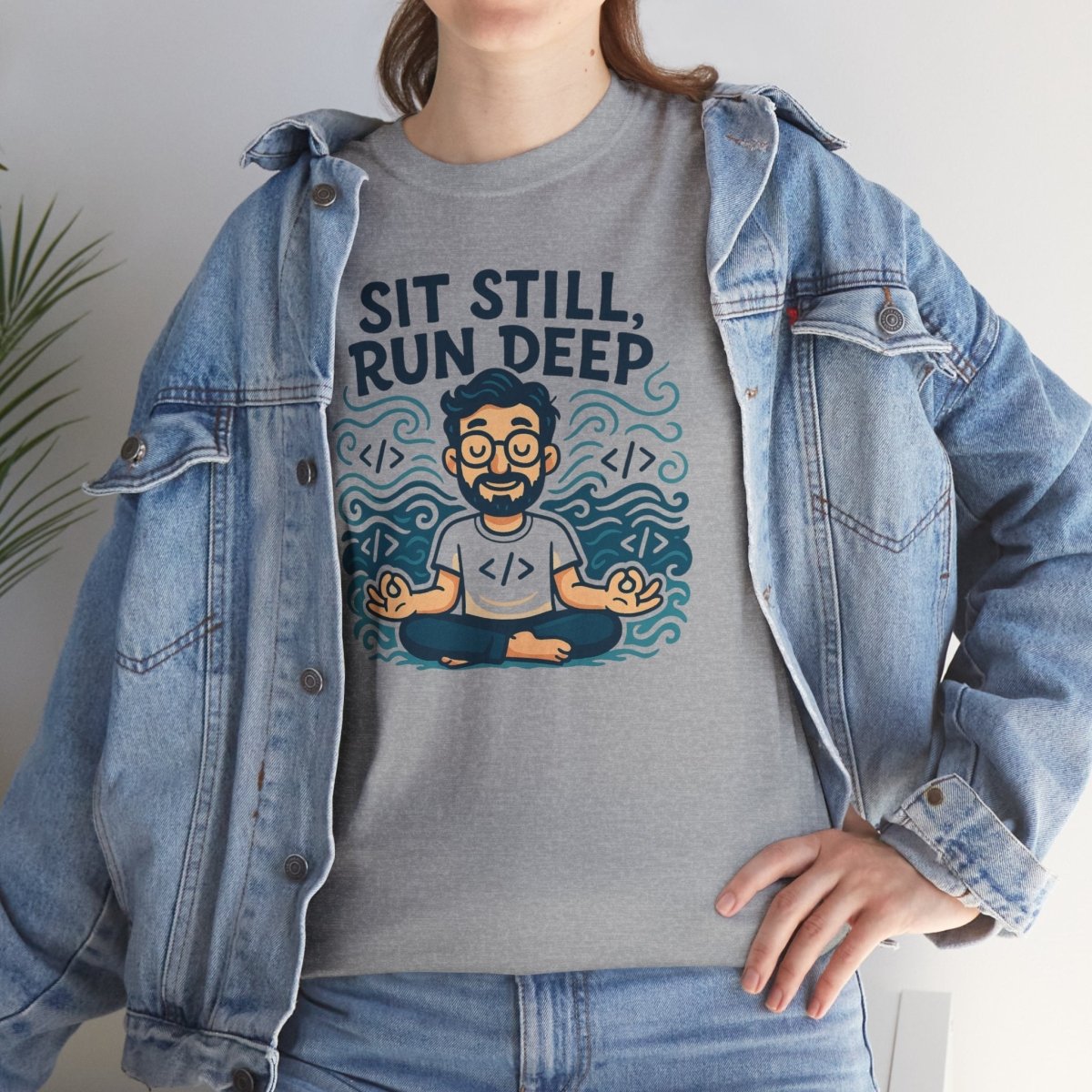 "Sit Still, Run Deep" Meditation Graphic Tee, Unisex Heavy Cotton Shirt, Yoga Gift, Mindfulness Apparel, Relaxation Wear - MINDSet Collection - AI Tee Hero