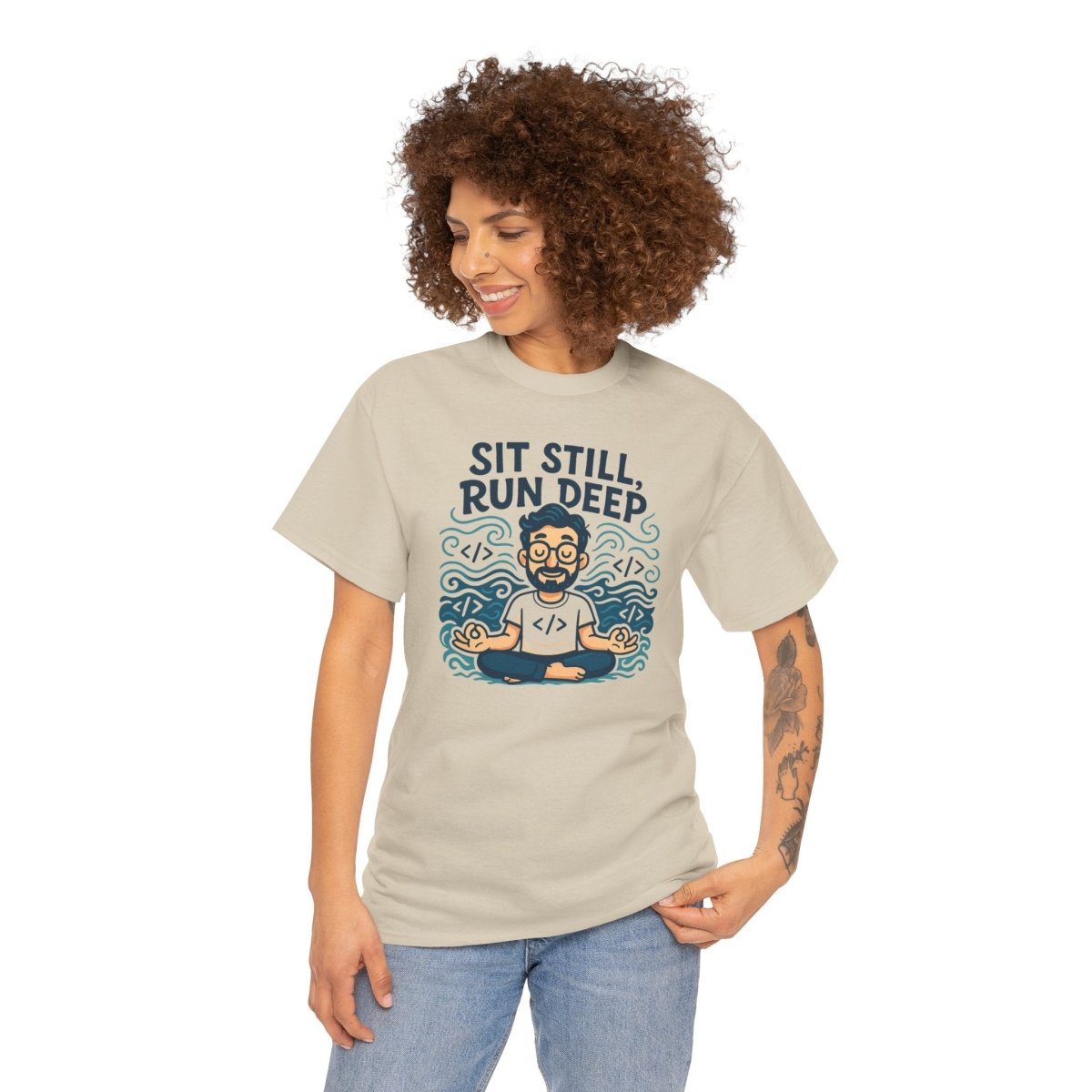 "Sit Still, Run Deep" Meditation Graphic Tee, Unisex Heavy Cotton Shirt, Yoga Gift, Mindfulness Apparel, Relaxation Wear - MINDSet Collection - AI Tee Hero