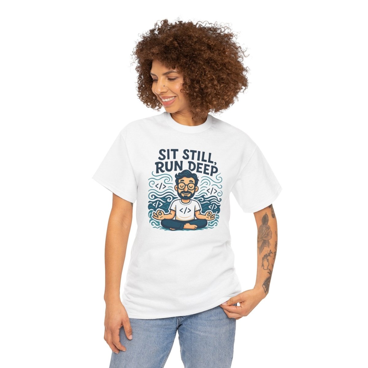 "Sit Still, Run Deep" Meditation Graphic Tee, Unisex Heavy Cotton Shirt, Yoga Gift, Mindfulness Apparel, Relaxation Wear - MINDSet Collection - AI Tee Hero