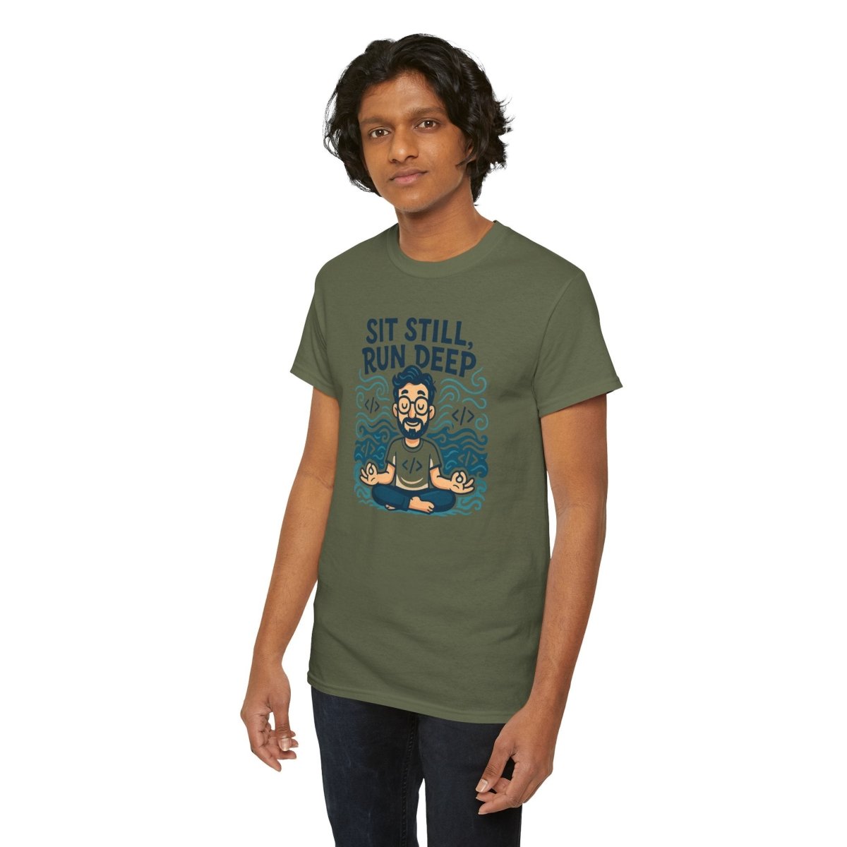 "Sit Still, Run Deep" Meditation Graphic Tee, Unisex Heavy Cotton Shirt, Yoga Gift, Mindfulness Apparel, Relaxation Wear - MINDSet Collection - AI Tee Hero