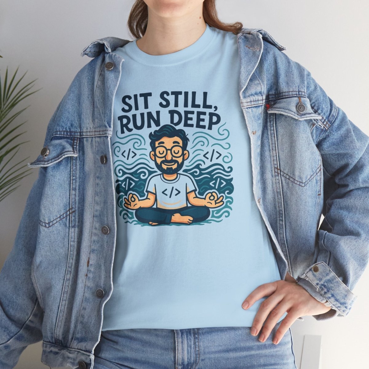 "Sit Still, Run Deep" Meditation Graphic Tee, Unisex Heavy Cotton Shirt, Yoga Gift, Mindfulness Apparel, Relaxation Wear - MINDSet Collection - AI Tee Hero