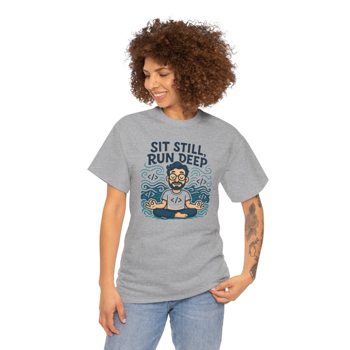 "Sit Still, Run Deep" Meditation Graphic Tee, Unisex Heavy Cotton Shirt, Yoga Gift, Mindfulness Apparel, Relaxation Wear - MINDSet Collection - AI Tee Hero