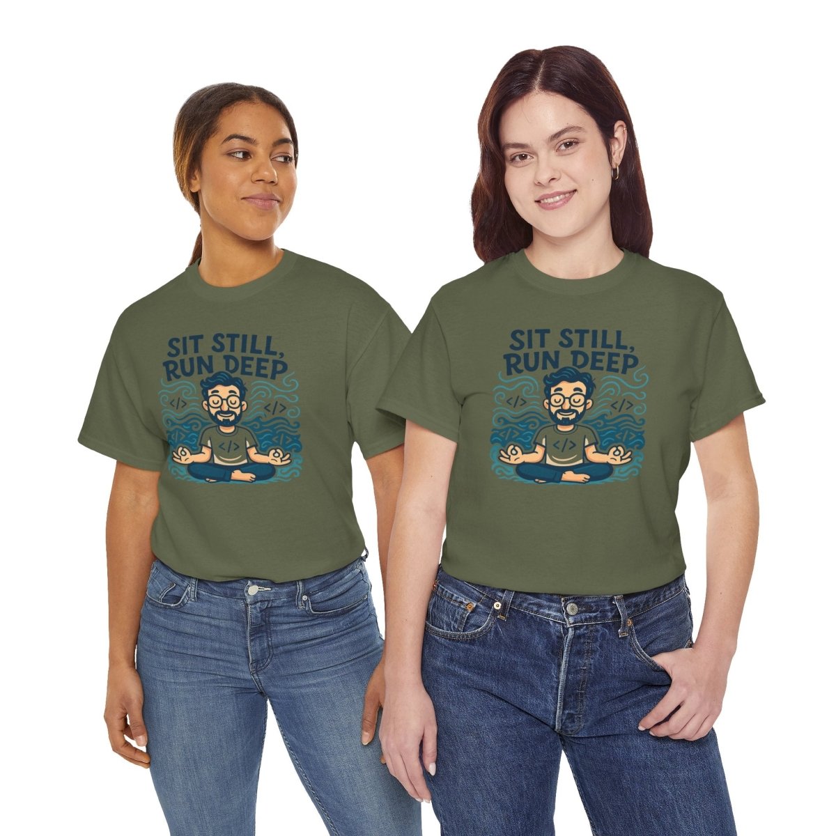"Sit Still, Run Deep" Meditation Graphic Tee, Unisex Heavy Cotton Shirt, Yoga Gift, Mindfulness Apparel, Relaxation Wear - MINDSet Collection - AI Tee Hero