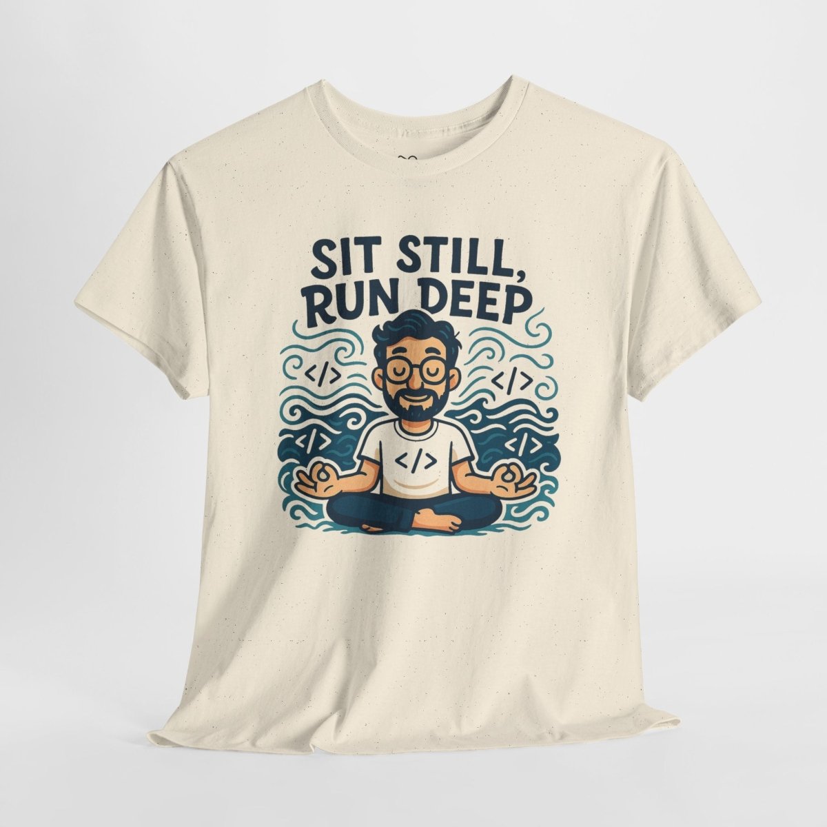 "Sit Still, Run Deep" Meditation Graphic Tee, Unisex Heavy Cotton Shirt, Yoga Gift, Mindfulness Apparel, Relaxation Wear - MINDSet Collection - AI Tee Hero