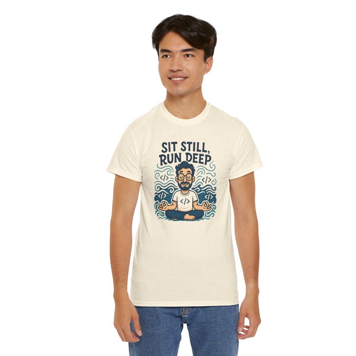 "Sit Still, Run Deep" Meditation Graphic Tee, Unisex Heavy Cotton Shirt, Yoga Gift, Mindfulness Apparel, Relaxation Wear - MINDSet Collection - AI Tee Hero