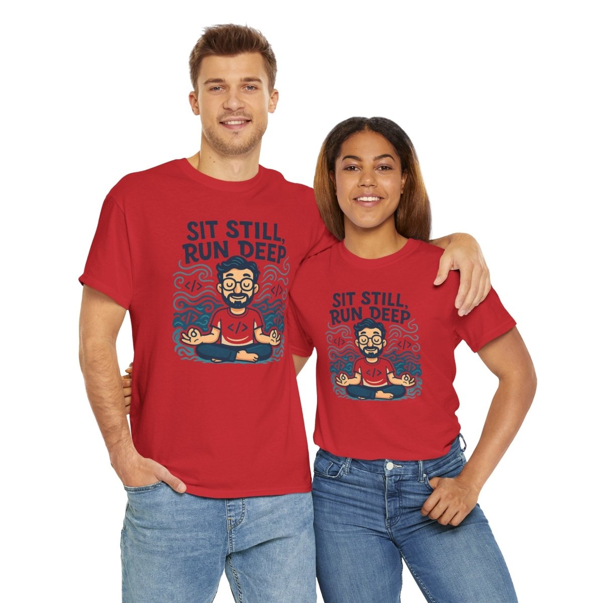 "Sit Still, Run Deep" Meditation Graphic Tee, Unisex Heavy Cotton Shirt, Yoga Gift, Mindfulness Apparel, Relaxation Wear - MINDSet Collection - AI Tee Hero