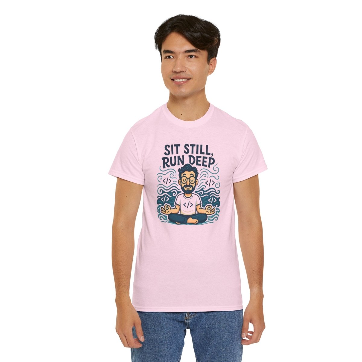 "Sit Still, Run Deep" Meditation Graphic Tee, Unisex Heavy Cotton Shirt, Yoga Gift, Mindfulness Apparel, Relaxation Wear - MINDSet Collection - AI Tee Hero
