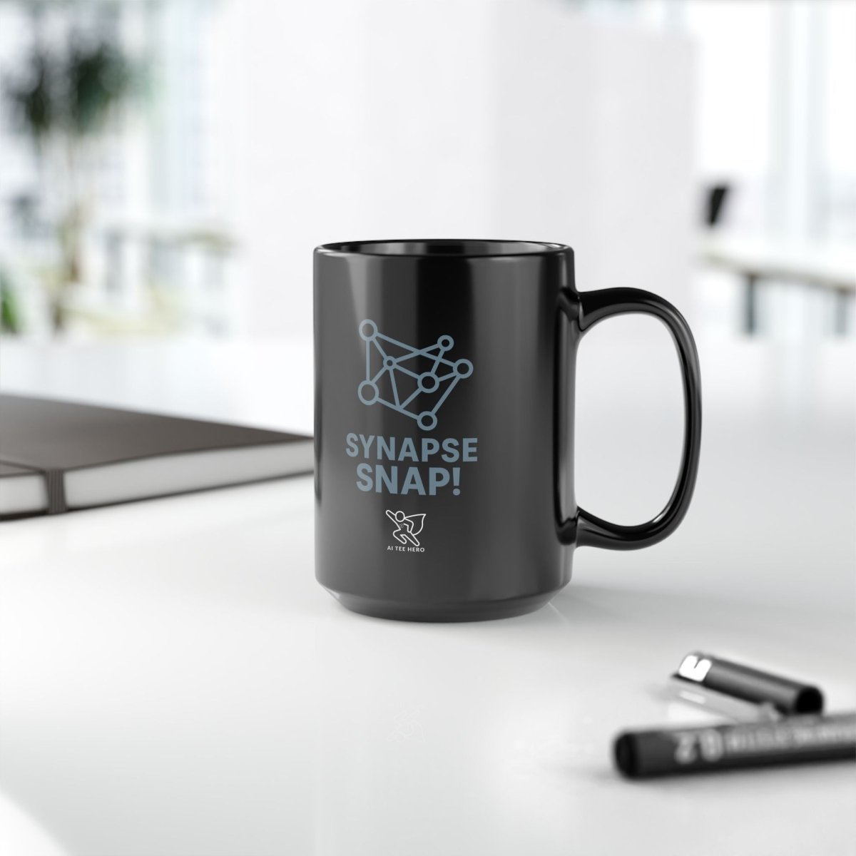 "Synapse Snap!" Black Coffee Mug - Brainy Gift for Science Lovers, Unique Office Decor, Chemistry & Psychology Enthusiasts - AI Tee Hero