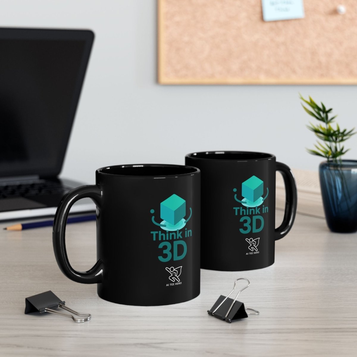 "Think in 3D" Black Mug - Unique Coffee Cup, Gift for Tech Lovers, Graphic Mug for Home or Office, 11oz & 15oz Sizes Available - AI Tee Hero