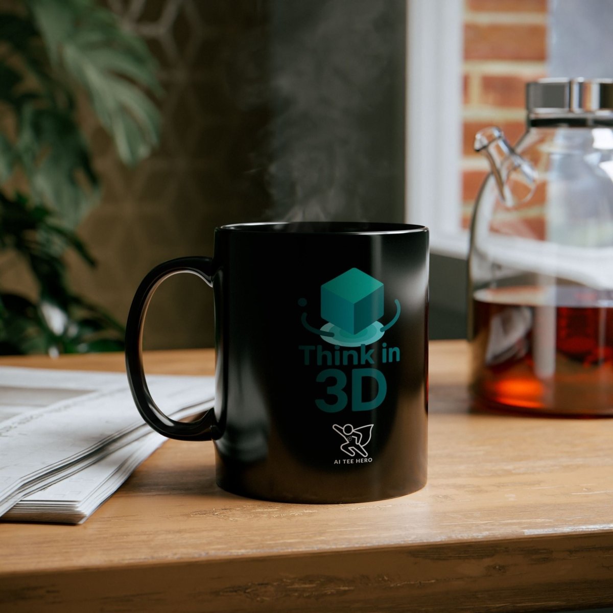 "Think in 3D" Black Mug - Unique Coffee Cup, Gift for Tech Lovers, Graphic Mug for Home or Office, 11oz & 15oz Sizes Available - AI Tee Hero