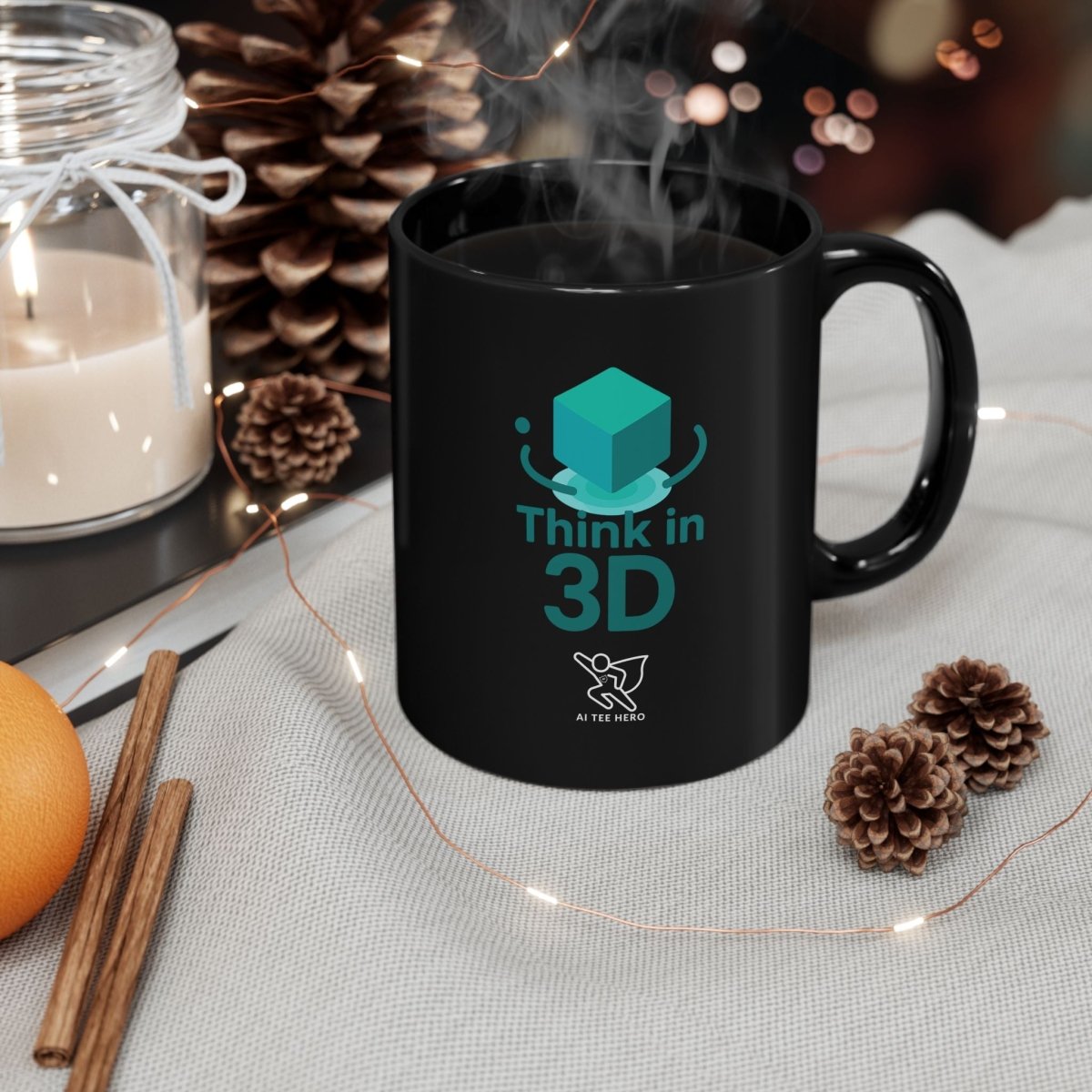 "Think in 3D" Black Mug - Unique Coffee Cup, Gift for Tech Lovers, Graphic Mug for Home or Office, 11oz & 15oz Sizes Available - AI Tee Hero