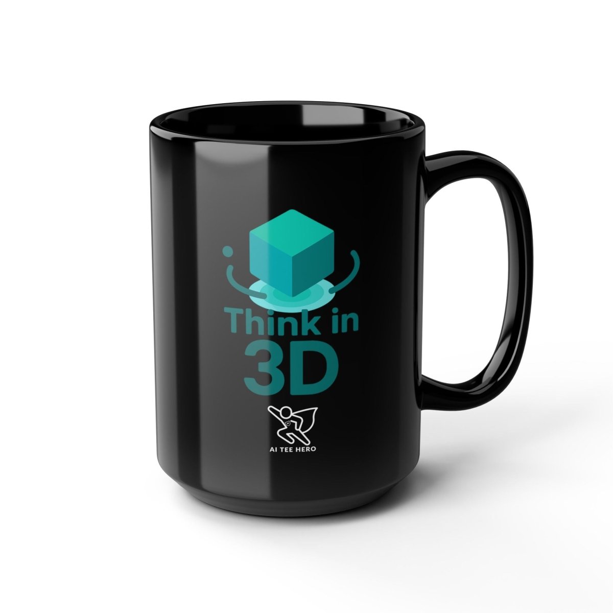 "Think in 3D" Black Mug - Unique Coffee Cup, Gift for Tech Lovers, Graphic Mug for Home or Office, 11oz & 15oz Sizes Available - AI Tee Hero