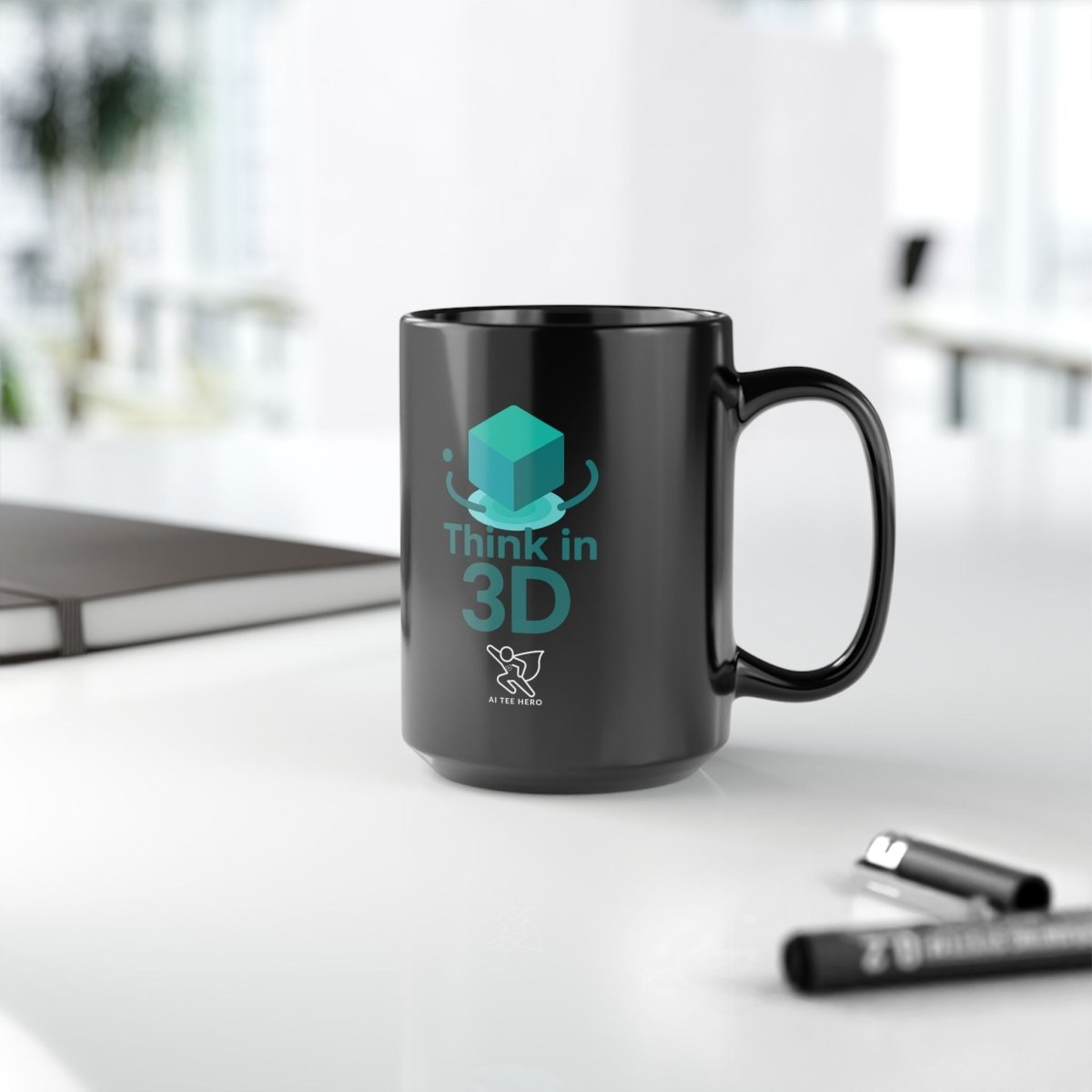 "Think in 3D" Black Mug - Unique Coffee Cup, Gift for Tech Lovers, Graphic Mug for Home or Office, 11oz & 15oz Sizes Available - AI Tee Hero