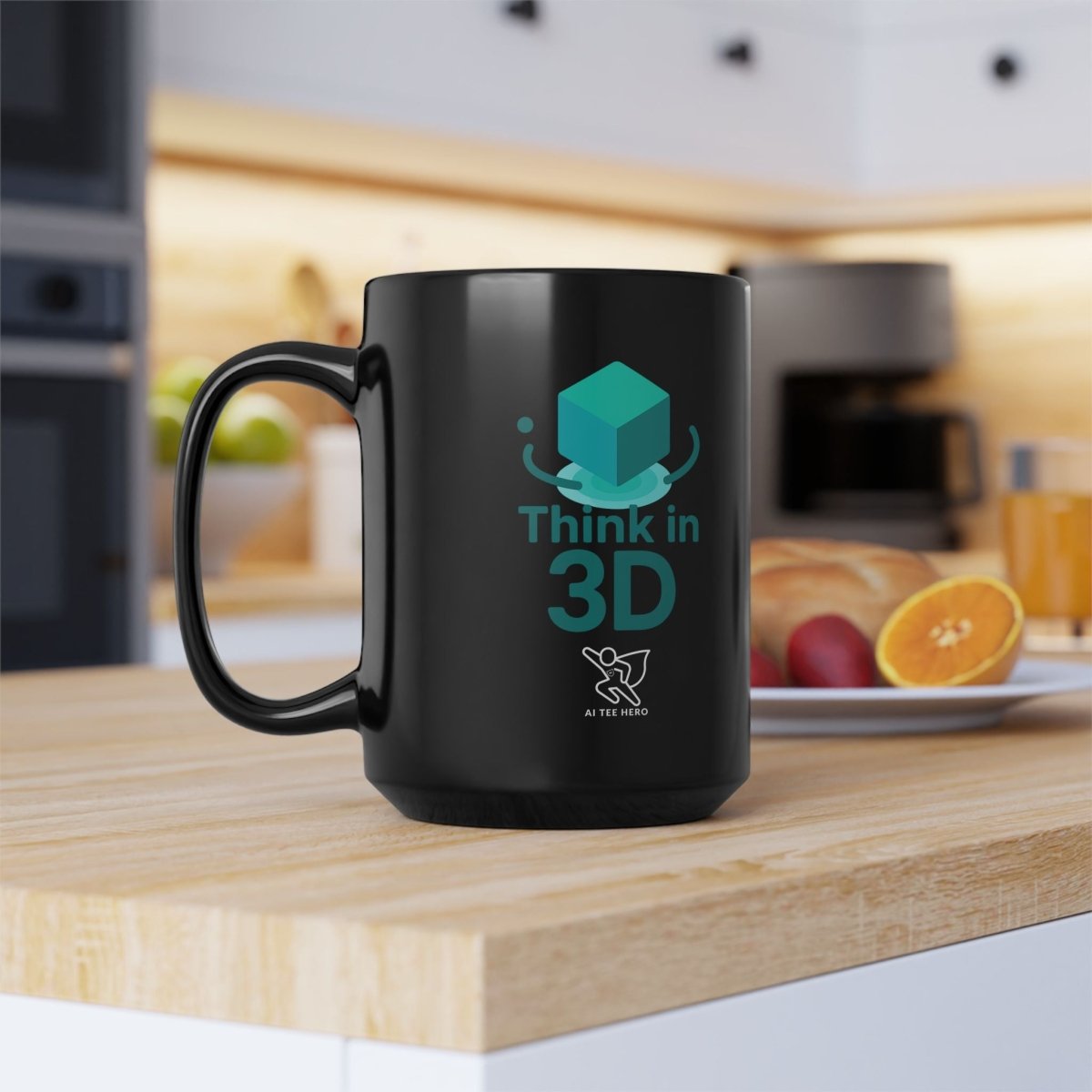 "Think in 3D" Black Mug - Unique Coffee Cup, Gift for Tech Lovers, Graphic Mug for Home or Office, 11oz & 15oz Sizes Available - AI Tee Hero