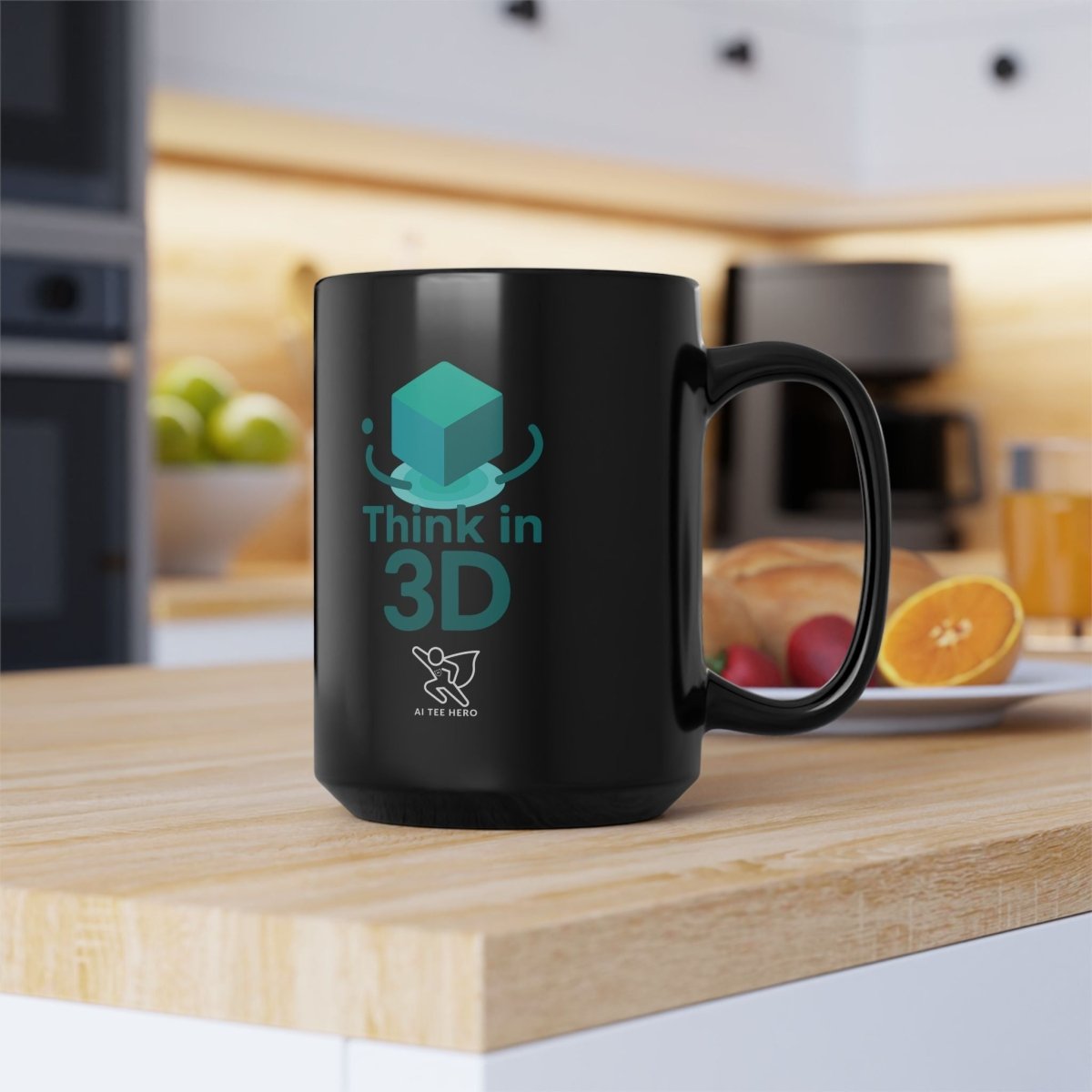 "Think in 3D" Black Mug - Unique Coffee Cup, Gift for Tech Lovers, Graphic Mug for Home or Office, 11oz & 15oz Sizes Available - AI Tee Hero