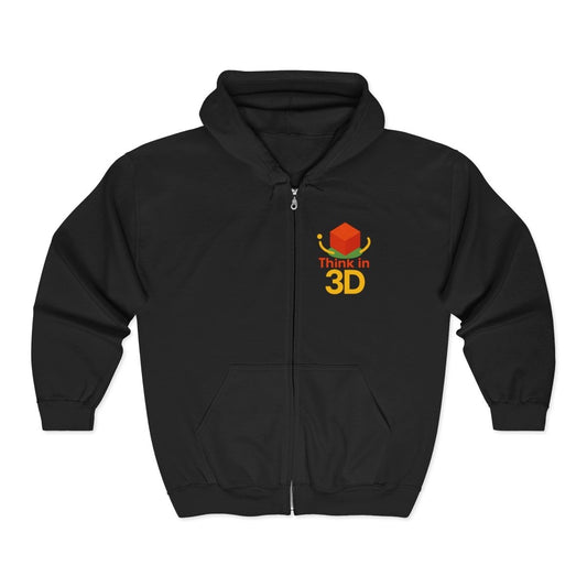 "Think in 3D" Zip Hoodie, Comfortable Layer, Gift for Tech Lovers, Perfect for Casual Days, Unisex Hooded Sweatshirt - AI Tee Hero