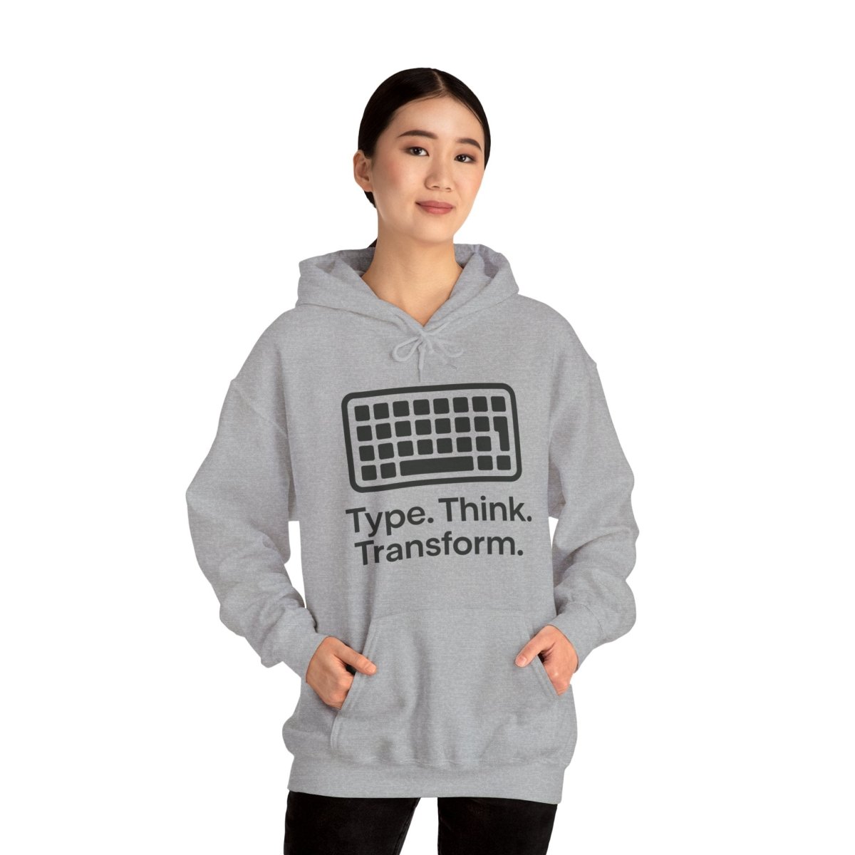 "Type. Think. Transform." Hoodie, Cozy Unisex Sweatshirt, Inspirational Hoodie Gift, Perfect for Writers and Students, Everyday Wear - AI Tee Hero