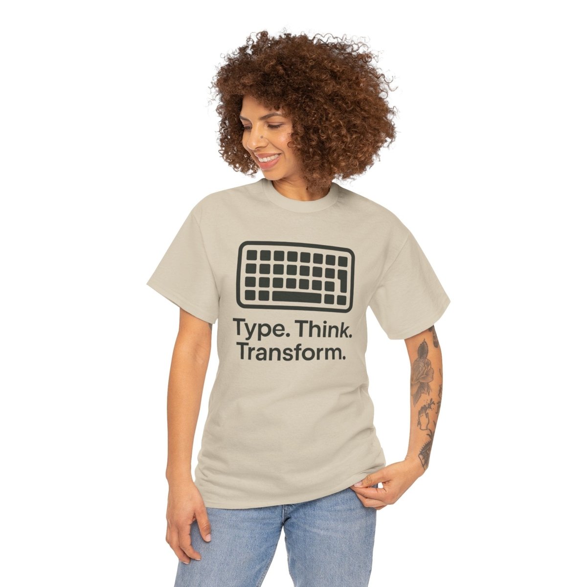 "Type. Think Transform." Inspirational Cotton Tee, Gift for Writers, Creative Minds, Motivational Apparel - AI Tee Hero