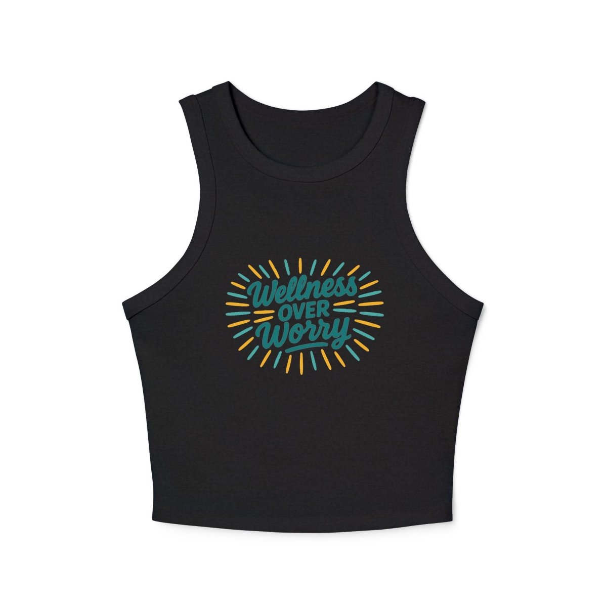 "Wellness Over Worry" Women's Micro Rib Racer Tank Top, Motivational Workout Top, Fitness Apparel, Casual Summer Top, Yoga Tank, Gift for Wellness Enthusiasts MINDSet Colorway 1 - AI Tee Hero