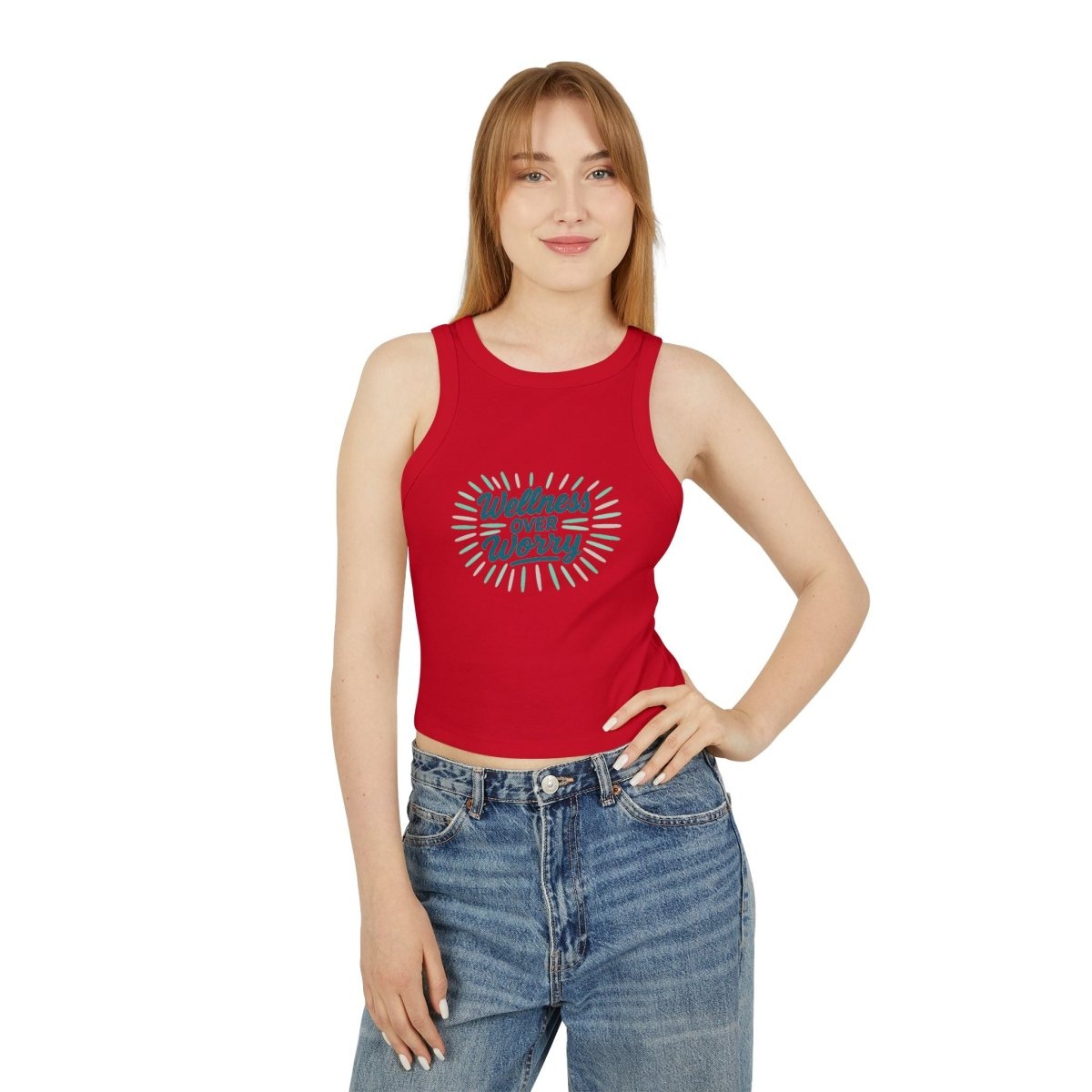 "Wellness Over Worry" Women's Micro Rib Racer Tank Top, Motivational Workout Top, Fitness Apparel, Casual Summer Top, Yoga Tank, Gift for Wellness Enthusiasts MINDSet Colorway 2 - AI Tee Hero