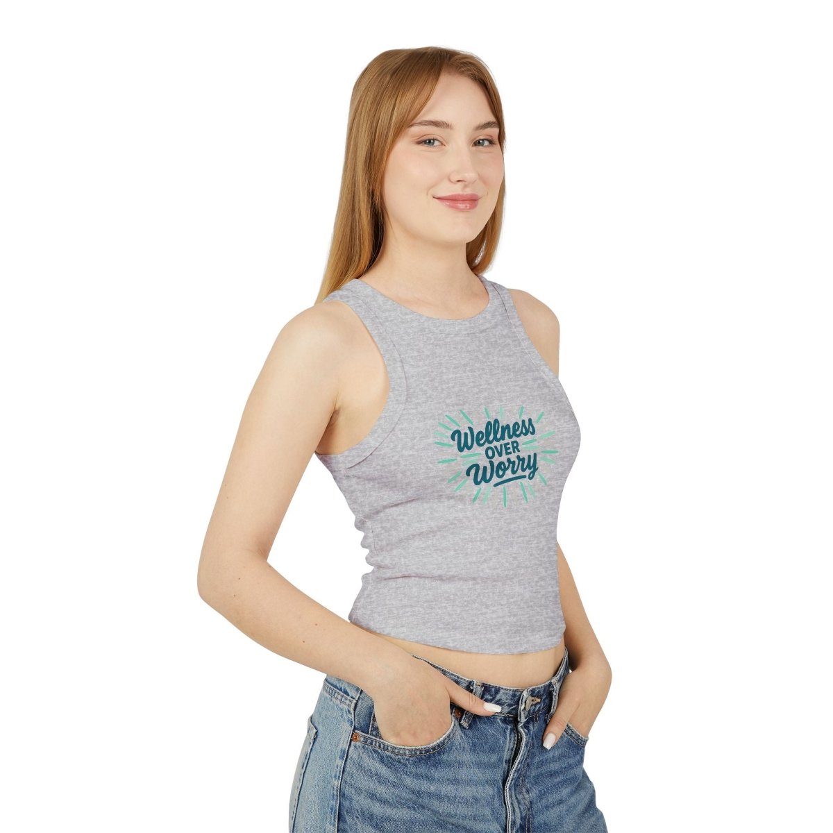 "Wellness Over Worry" Women's Micro Rib Racer Tank Top, Motivational Workout Top, Fitness Apparel, Casual Summer Top, Yoga Tank, Gift for Wellness Enthusiasts MINDSet Colorway 2 - AI Tee Hero