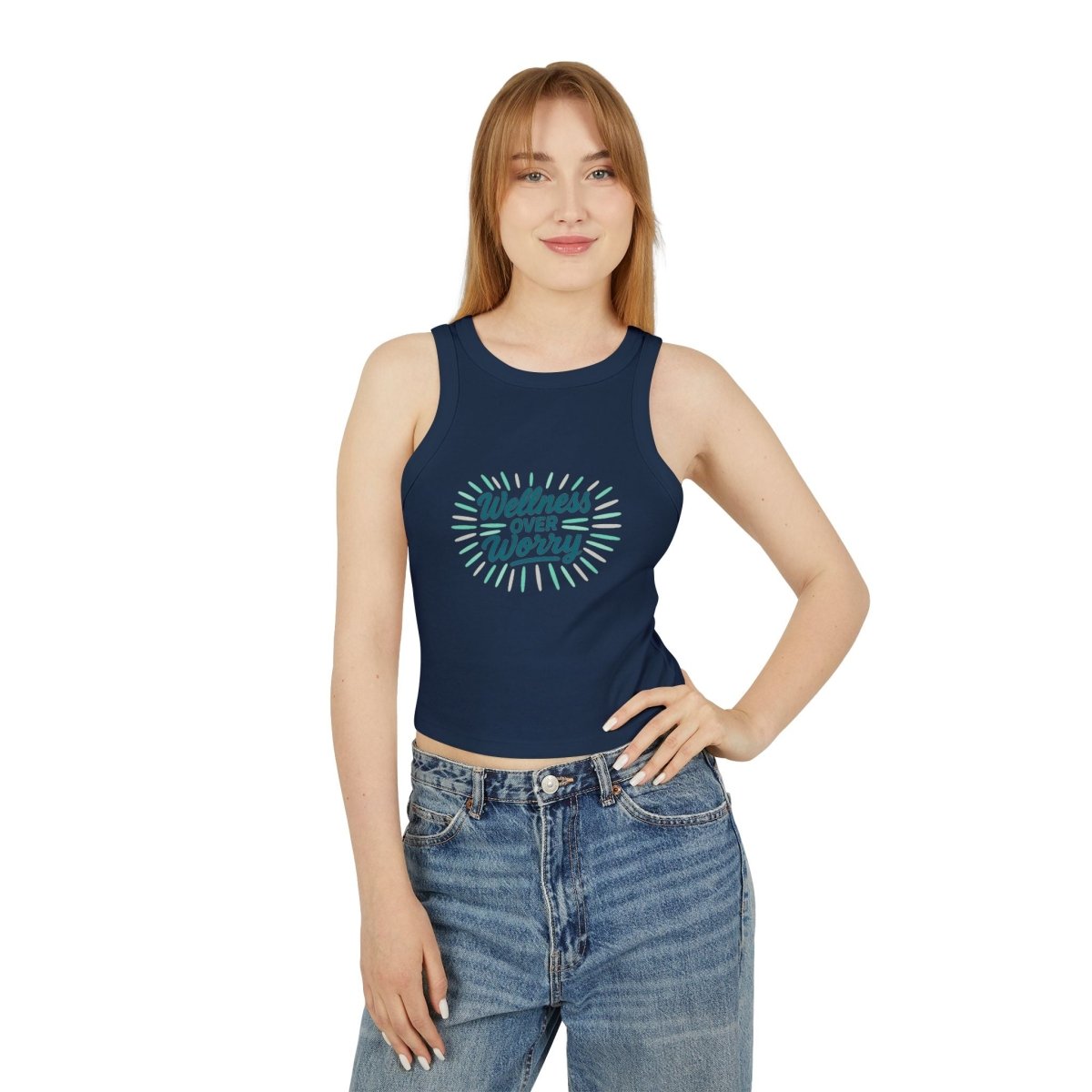 "Wellness Over Worry" Women's Micro Rib Racer Tank Top, Motivational Workout Top, Fitness Apparel, Casual Summer Top, Yoga Tank, Gift for Wellness Enthusiasts MINDSet Colorway 2 - AI Tee Hero