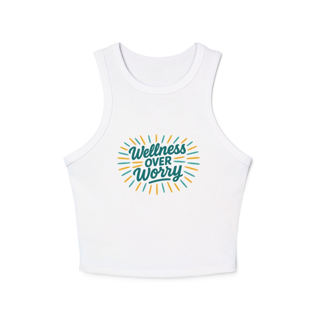 "Wellness Over Worry" Women's Micro Rib Racer Tank Top, Motivational Workout Top, Fitness Apparel, Casual Summer Top, Yoga Tank, Gift for Wellness Enthusiasts MINDSet Colorway 1 - AI Tee Hero