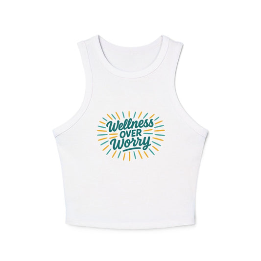 "Wellness Over Worry" Women's Micro Rib Racer Tank Top, Motivational Workout Top, Fitness Apparel, Casual Summer Top, Yoga Tank, Gift for Wellness Enthusiasts MINDSet Colorway 1 - AI Tee Hero
