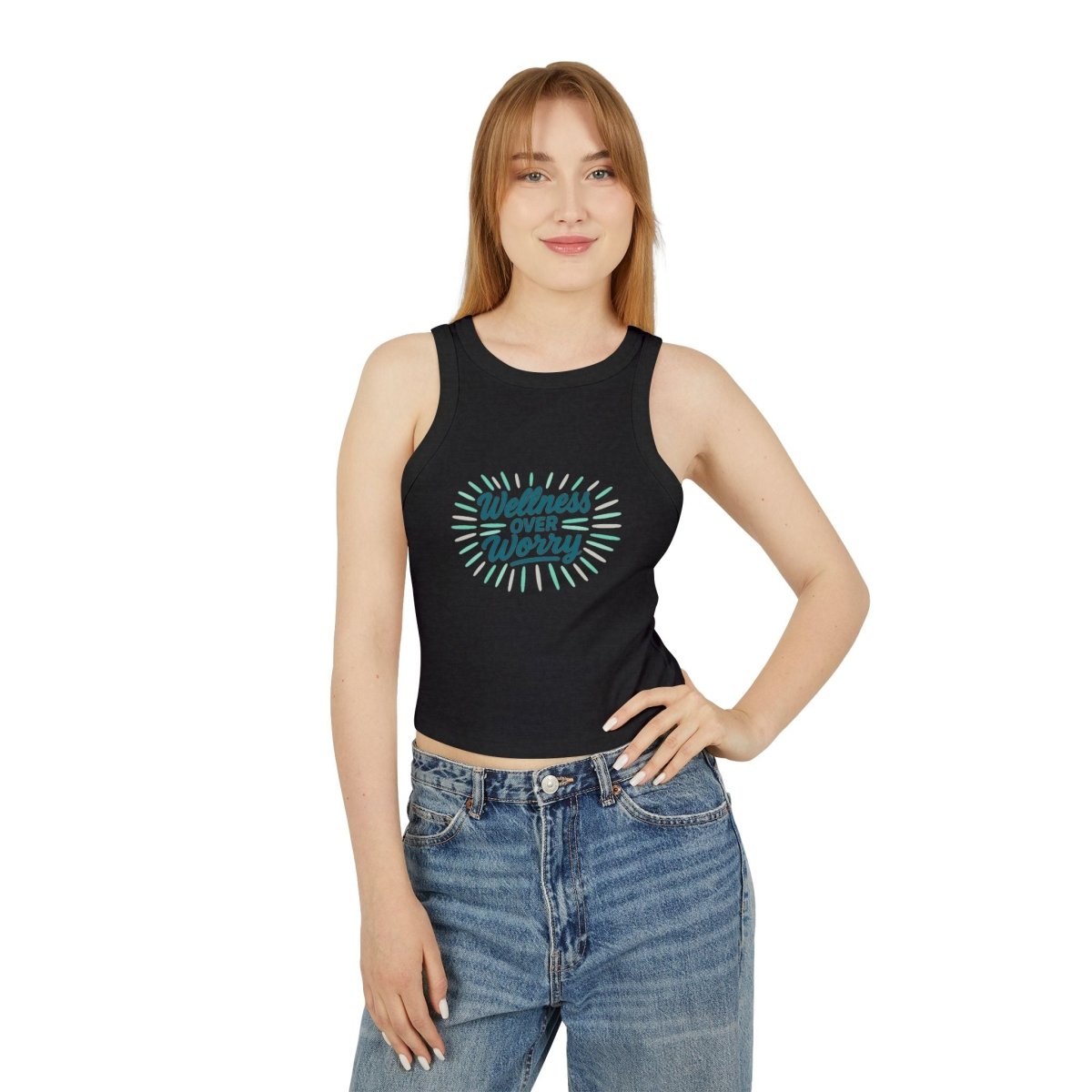 "Wellness Over Worry" Women's Micro Rib Racer Tank Top, Motivational Workout Top, Fitness Apparel, Casual Summer Top, Yoga Tank, Gift for Wellness Enthusiasts MINDSet Colorway 2 - AI Tee Hero