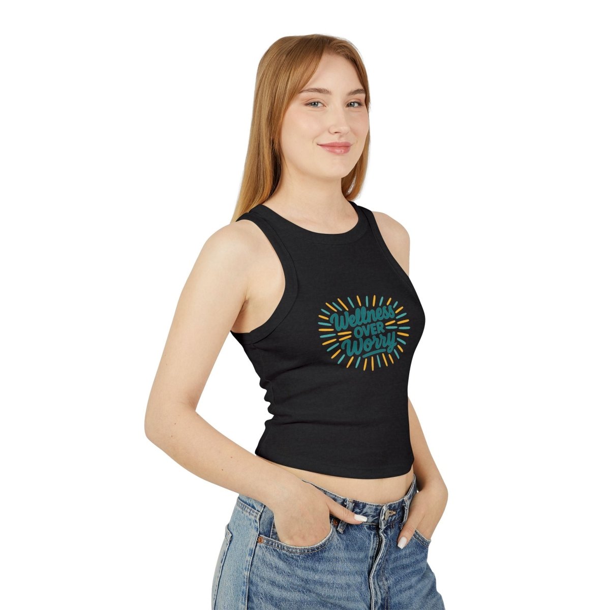 "Wellness Over Worry" Women's Micro Rib Racer Tank Top, Motivational Workout Top, Fitness Apparel, Casual Summer Top, Yoga Tank, Gift for Wellness Enthusiasts MINDSet Colorway 1 - AI Tee Hero