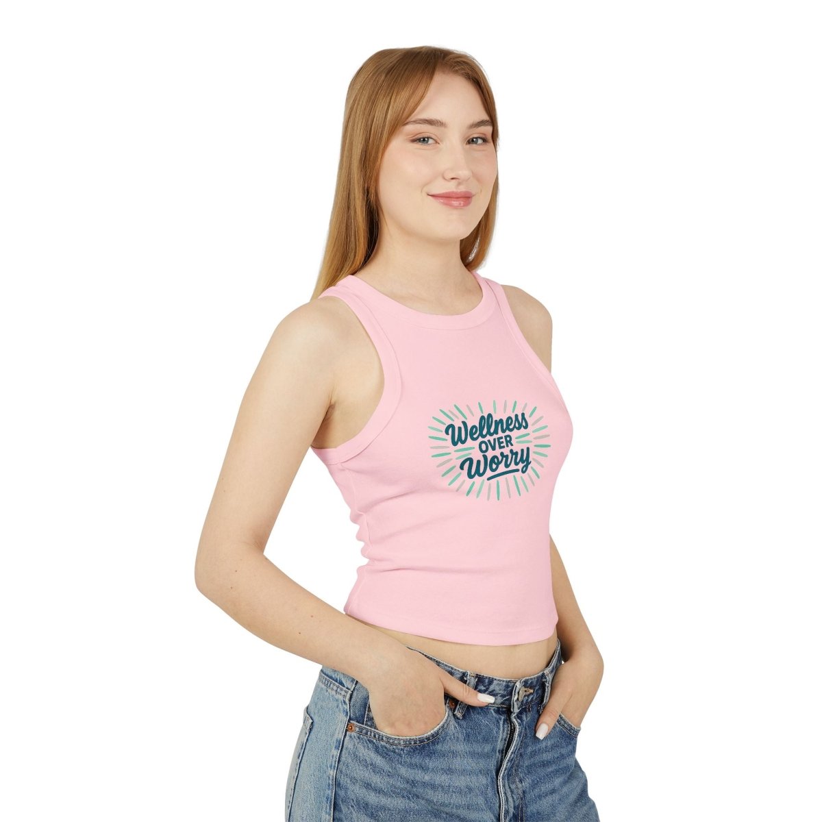 "Wellness Over Worry" Women's Micro Rib Racer Tank Top, Motivational Workout Top, Fitness Apparel, Casual Summer Top, Yoga Tank, Gift for Wellness Enthusiasts MINDSet Colorway 2 - AI Tee Hero