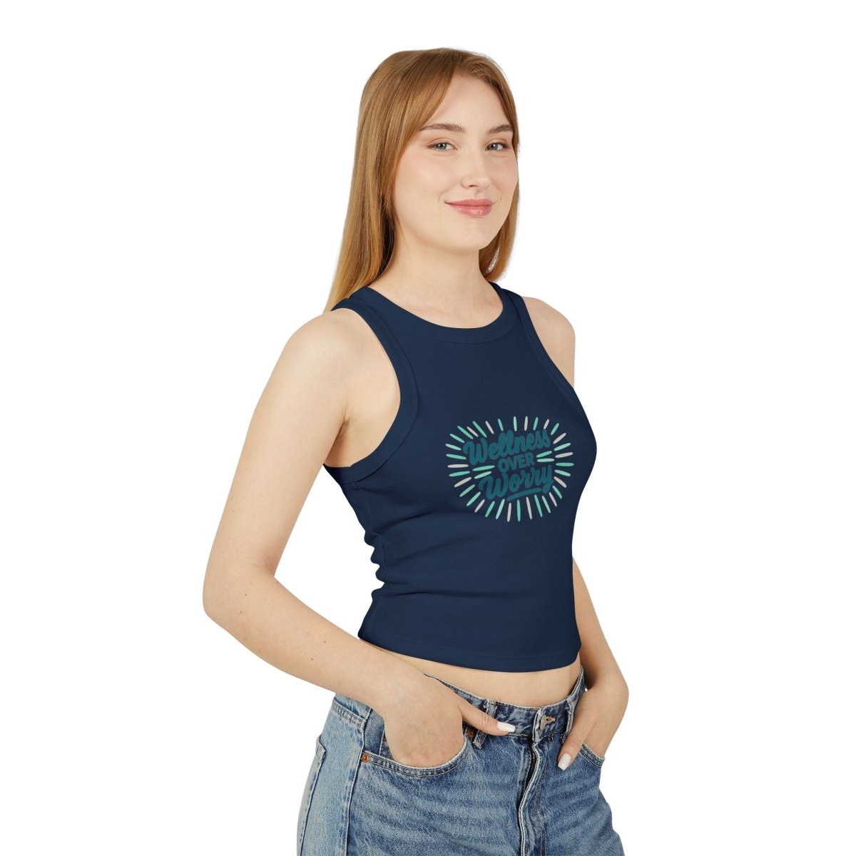 "Wellness Over Worry" Women's Micro Rib Racer Tank Top, Motivational Workout Top, Fitness Apparel, Casual Summer Top, Yoga Tank, Gift for Wellness Enthusiasts MINDSet Colorway 2 - AI Tee Hero