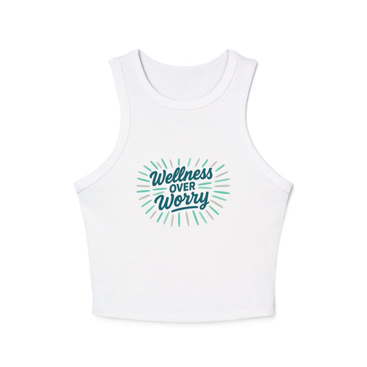 "Wellness Over Worry" Women's Micro Rib Racer Tank Top, Motivational Workout Top, Fitness Apparel, Casual Summer Top, Yoga Tank, Gift for Wellness Enthusiasts MINDSet Colorway 2 - AI Tee Hero