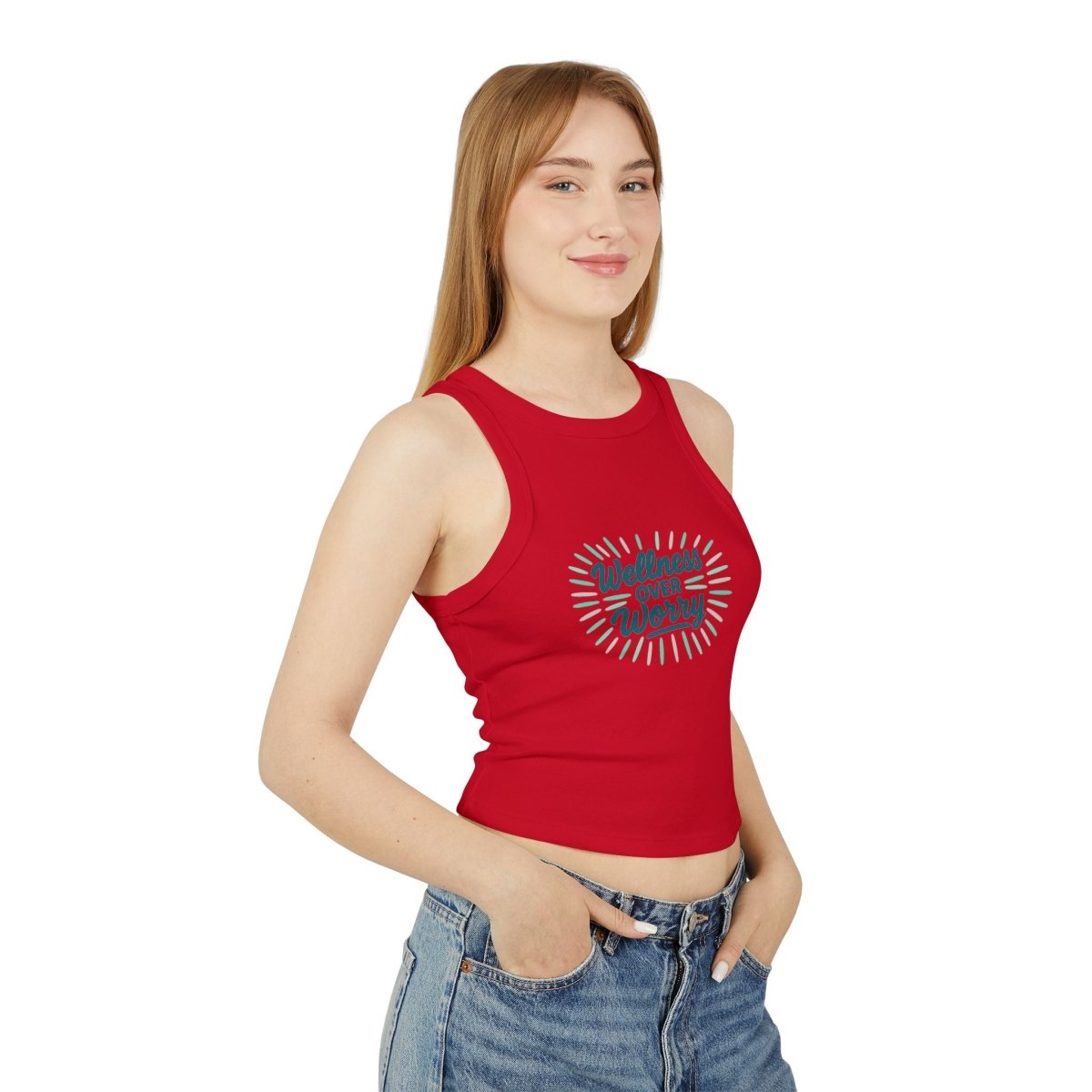 "Wellness Over Worry" Women's Micro Rib Racer Tank Top, Motivational Workout Top, Fitness Apparel, Casual Summer Top, Yoga Tank, Gift for Wellness Enthusiasts MINDSet Colorway 2 - AI Tee Hero