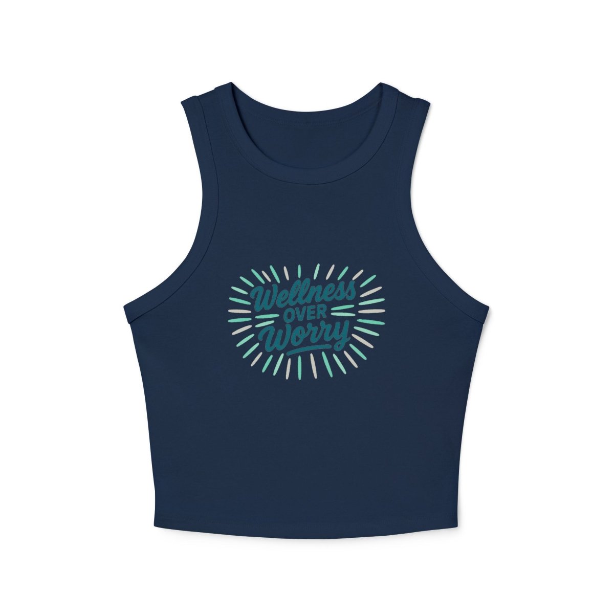 "Wellness Over Worry" Women's Micro Rib Racer Tank Top, Motivational Workout Top, Fitness Apparel, Casual Summer Top, Yoga Tank, Gift for Wellness Enthusiasts MINDSet Colorway 2 - AI Tee Hero