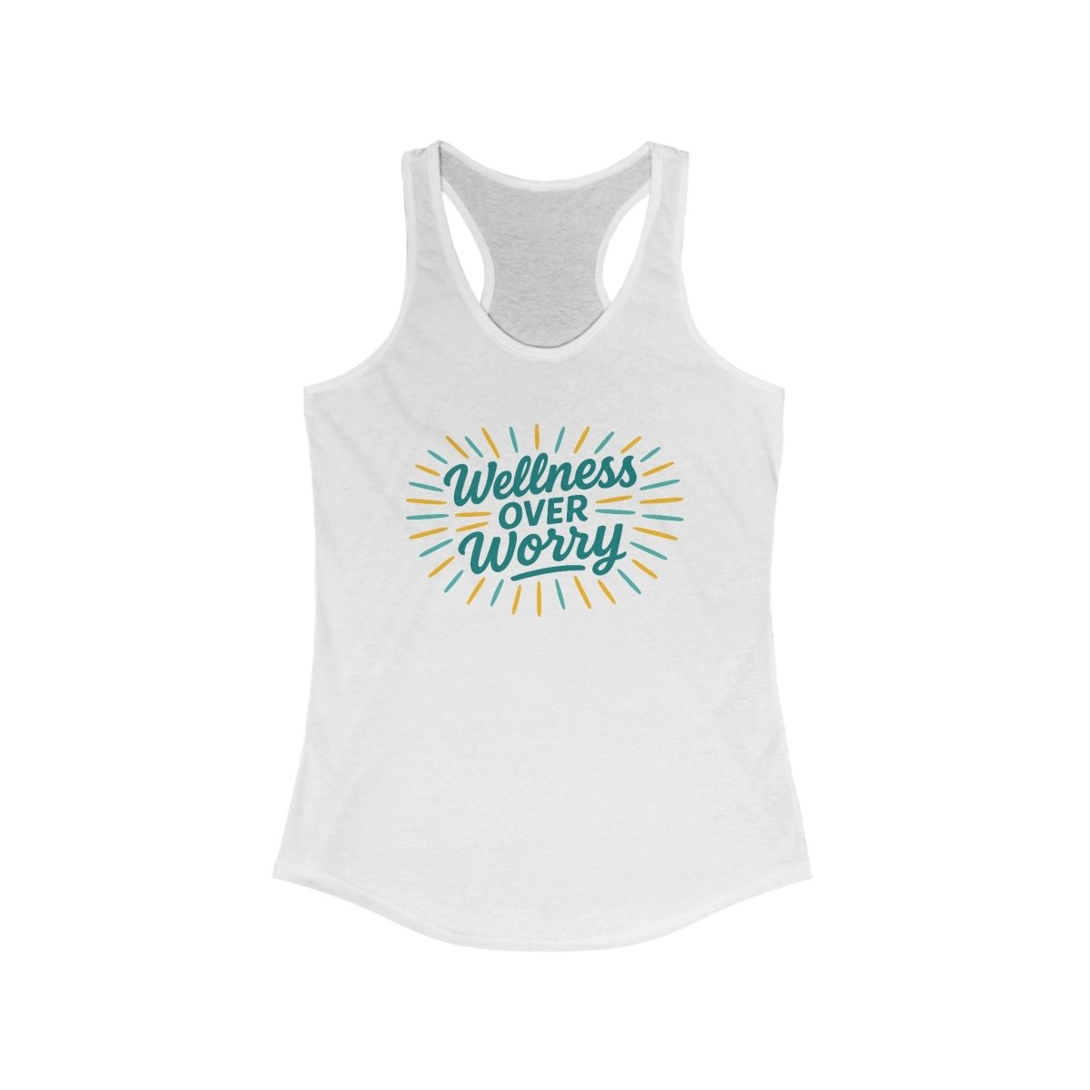 "Wellness Over Worry" Women's Racerback Tank, Motivational Workout Top, Exercise Shirt, Fitness Apparel, Gift for Her MINDSet Colorway 4 - AI Tee Hero