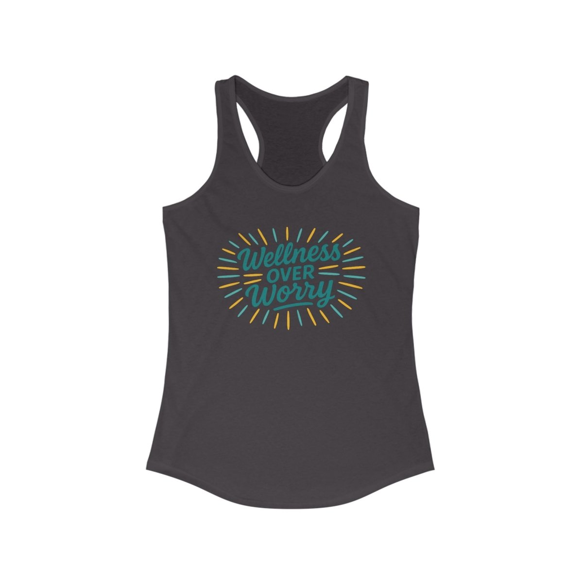 "Wellness Over Worry" Women's Racerback Tank, Motivational Workout Top, Exercise Shirt, Fitness Apparel, Gift for Her MINDSet Colorway 4 - AI Tee Hero