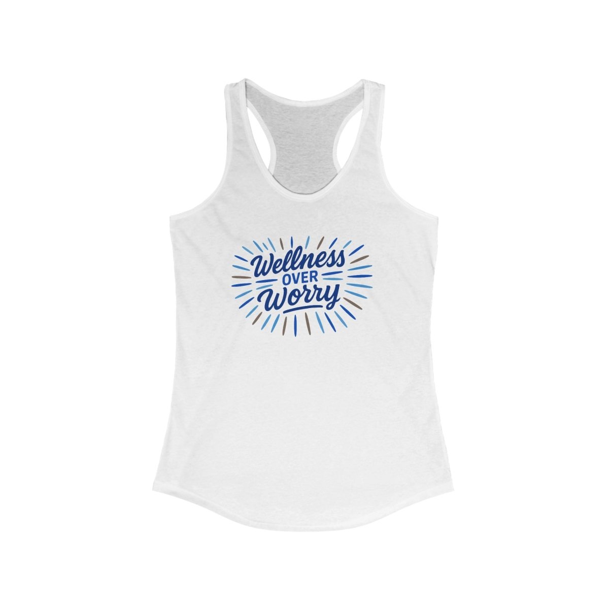 "Wellness Over Worry" Women's Racerback Tank, Motivational Workout Top, Exercise Shirt, Fitness Apparel, Gift for Her MINDSet Colorway 6 - AI Tee Hero